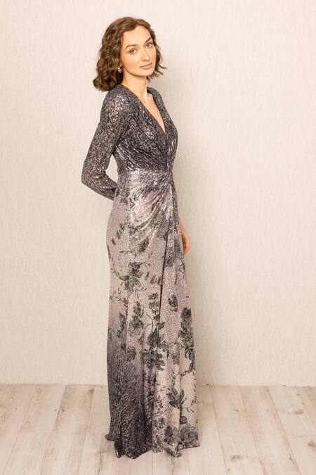 Buy RANNA GILL Gray Polyester, Georgette Sequins V-neck Zale Grey Ombre Gown Online at Aza Fashions Buy_RANNA GILL_Gray Polyester, Georgette Sequins V-neck Zale Grey Ombre Gown_Online_at_Aza_Fashions