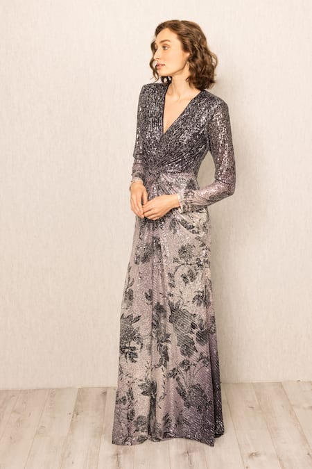 Shop RANNA GILL Gray Polyester, Georgette Sequins V-neck Zale Grey Ombre Gown Online at Aza Fashions Shop_RANNA GILL_Gray Polyester, Georgette Sequins V-neck Zale Grey Ombre Gown_Online_at_Aza_Fashions
