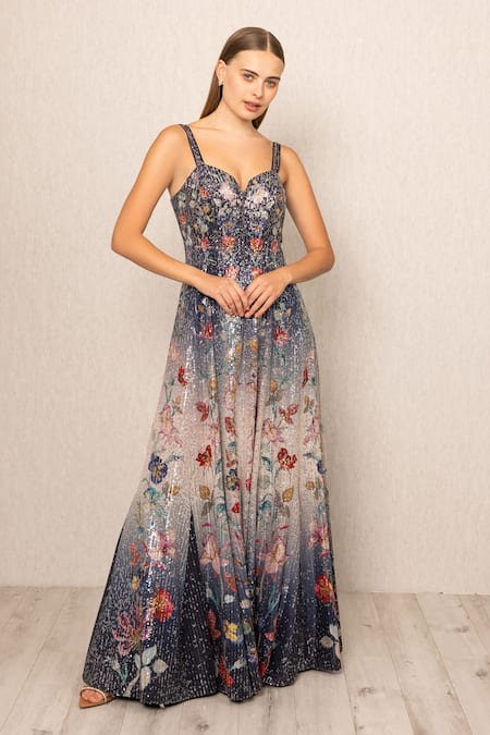RANNA GILL Navy Silk Sequins Sweetheart Neck Celestia Gown 