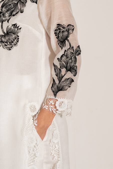 Buy RANNA GILL White Linen Embroidery Collared Viva Floral Kurta Set Online at Aza Fashions Buy_RANNA GILL_White Linen Embroidery Collared Viva Floral Kurta Set_Online_at_Aza_Fashions