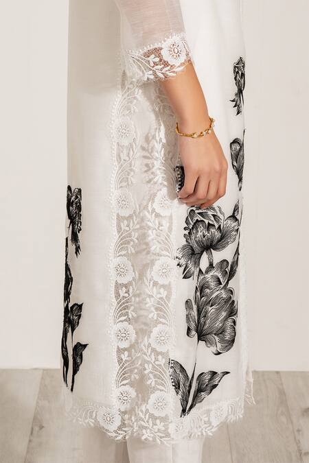 Shop RANNA GILL White Linen Embroidery Collared Viva Floral Kurta Set Online at Aza Fashions Shop_RANNA GILL_White Linen Embroidery Collared Viva Floral Kurta Set_Online_at_Aza_Fashions