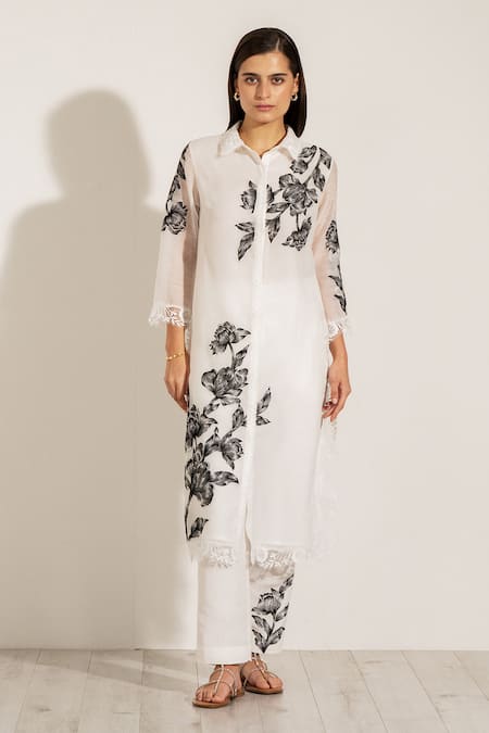 RANNA GILL White Linen Embroidery Collared Viva Floral Kurta Set at Aza Fashions RANNA GILL_White Linen Embroidery Collared Viva Floral Kurta Set_at_Aza_Fashions