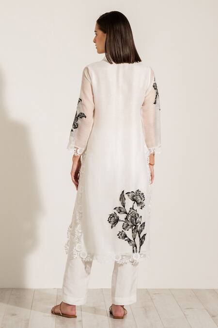 Shop RANNA GILL White Linen Embroidery Collared Viva Floral Kurta Set at Aza Fashions Shop_RANNA GILL_White Linen Embroidery Collared Viva Floral Kurta Set_at_Aza_Fashions