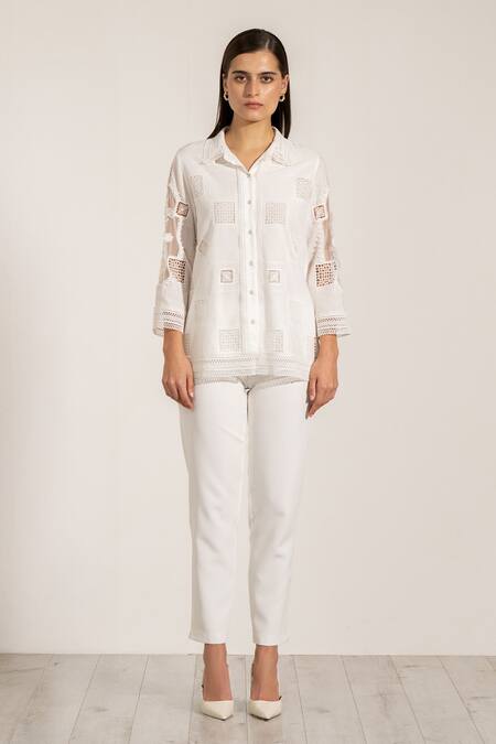 RANNA GILL White Linen Embroidery Collared Designer Nora Shirt 