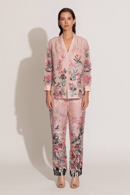 RANNA GILL_Pink Viscose, Linen Embroidery V-neck Cavern Floral Printed Co-ord Set_Online_at_Aza_Fashions