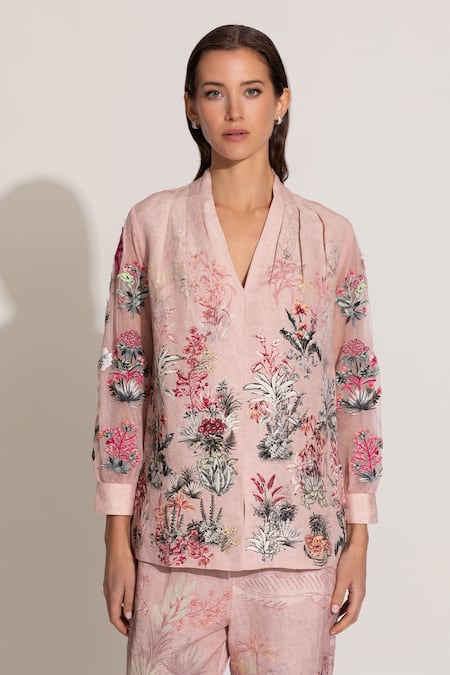 Buy_RANNA GILL_Pink Viscose, Linen Embroidery V-neck Cavern Floral Printed Co-ord Set_Online_at_Aza_Fashions