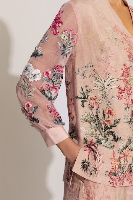Shop_RANNA GILL_Pink Viscose, Linen Embroidery V-neck Cavern Floral Printed Co-ord Set_Online_at_Aza_Fashions