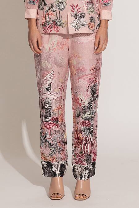 RANNA GILL_Pink Viscose, Linen Embroidery V-neck Cavern Floral Printed Co-ord Set_at_Aza_Fashions