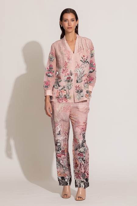 RANNA GILL Pink Viscose, Linen Embroidery V-neck Cavern Floral Printed Co-ord Set 