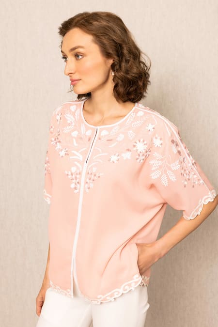 Buy_RANNA GILL_Pink Polyester Embroidery Round Neck Naira Top_Online_at_Aza_Fashions