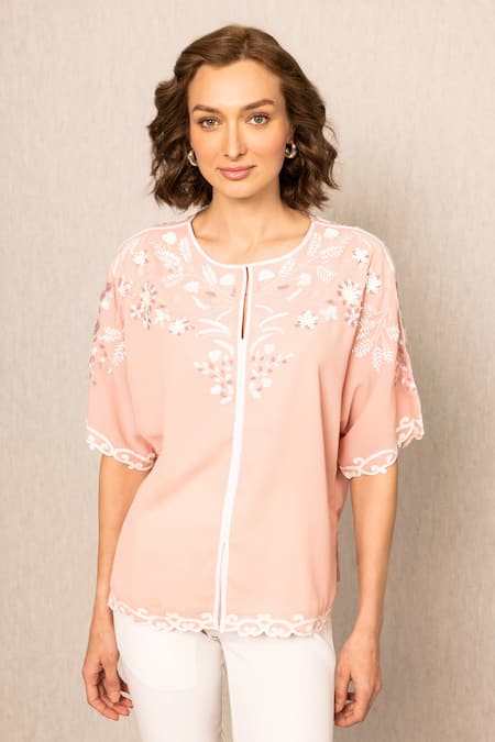 RANNA GILL Pink Polyester Embroidery Round Neck Naira Top 