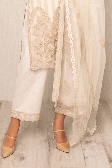 RANNA GILL Beige Linen Embroidery V-neck Stripe Kurta Set Online at Aza Fashions RANNA GILL_Beige Linen Embroidery V-neck Stripe Kurta Set_Online_at_Aza_Fashions