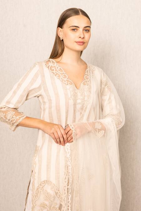 Buy RANNA GILL Beige Linen Embroidery V-neck Stripe Kurta Set Online at Aza Fashions Buy_RANNA GILL_Beige Linen Embroidery V-neck Stripe Kurta Set_Online_at_Aza_Fashions
