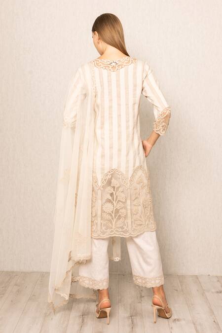 Shop RANNA GILL Beige Linen Embroidery V-neck Stripe Kurta Set at Aza Fashions Shop_RANNA GILL_Beige Linen Embroidery V-neck Stripe Kurta Set_at_Aza_Fashions