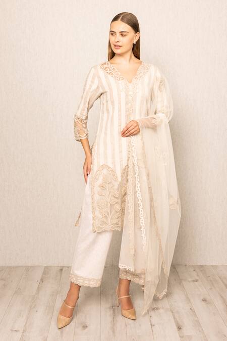 Shop RANNA GILL Beige Linen Embroidery V-neck Stripe Kurta Set Online at Aza Fashions Shop_RANNA GILL_Beige Linen Embroidery V-neck Stripe Kurta Set_Online_at_Aza_Fashions