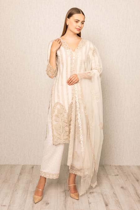 RANNA GILL Beige Linen Embroidery V-neck Stripe Kurta Set 