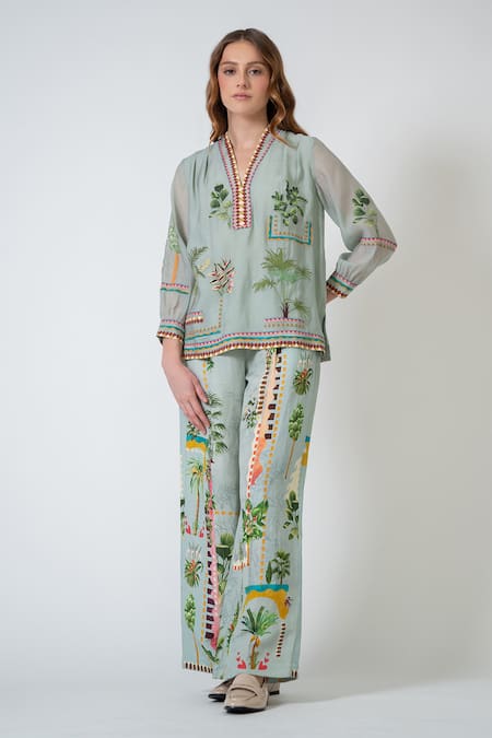 RANNA GILL Green Cotton, Silk Embroidery V-neck Selva Top 