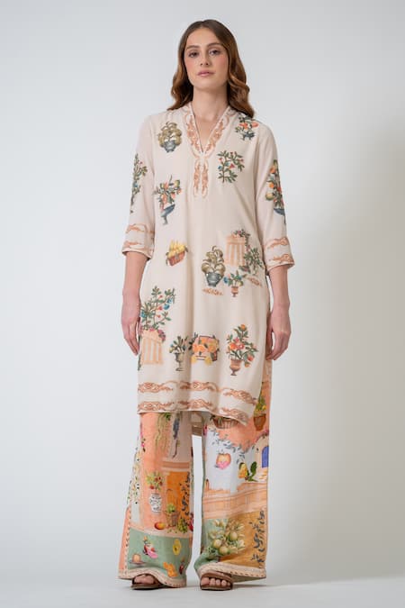 RANNA GILL Beige Georgette Embroidery Split V-neck Ornella Tunic 