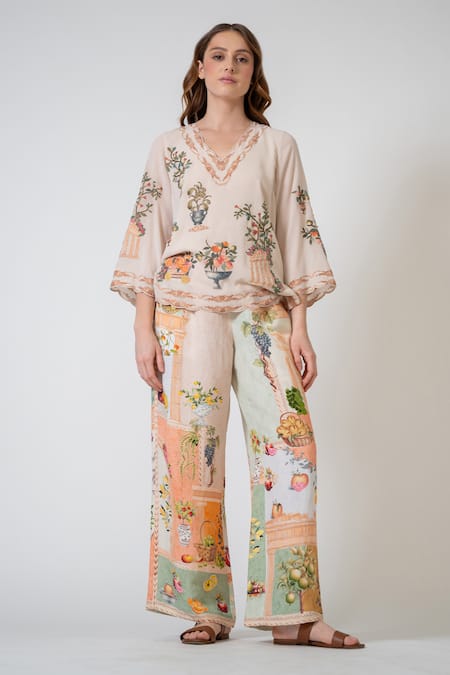 RANNA GILL Beige Embroidery V-neck Celina Floral Top 