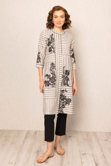 RANNA GILL Gray Linen Embroidery Round Neck Grey Stripe Asteria Tunic 
