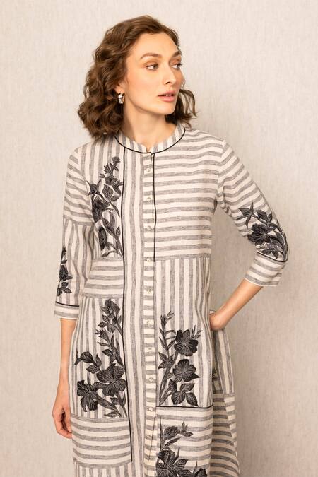 Shop RANNA GILL Gray Linen Embroidery Round Neck Grey Stripe Asteria Tunic Online at Aza Fashions Shop_RANNA GILL_Gray Linen Embroidery Round Neck Grey Stripe Asteria Tunic_Online_at_Aza_Fashions