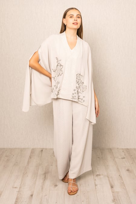 RANNA GILL Gray Georgette Designer Zehra Co-ord Cape And Pant Set 