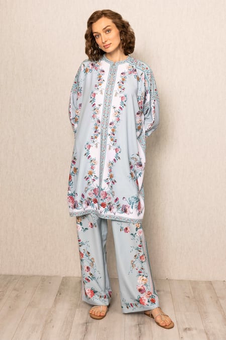 RANNA GILL Sky Blue Embroidery Round Neck Floral Print Tunic 