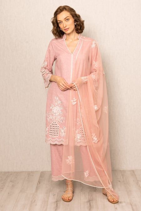 RANNA GILL Pink Polyester Embroidery V-neck Elira Tunic Set 