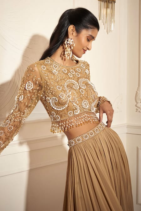 Shop Rimple Agrawal Gold Georgette, Net Sequins, Beads, Embroidery Round Neck Designer Palazzo Set Online at Aza Fashions Shop_Rimple Agrawal_Gold Georgette, Net Sequins, Beads, Embroidery Round Neck Designer Palazzo Set _Online_at_Aza_Fashions