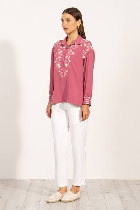 RANNA GILL_Pink Georgette Embroidery Collared Viara Top_Online_at_Aza_Fashions