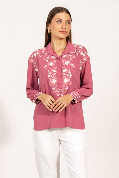 Buy_RANNA GILL_Pink Georgette Embroidery Collared Viara Top_Online_at_Aza_Fashions