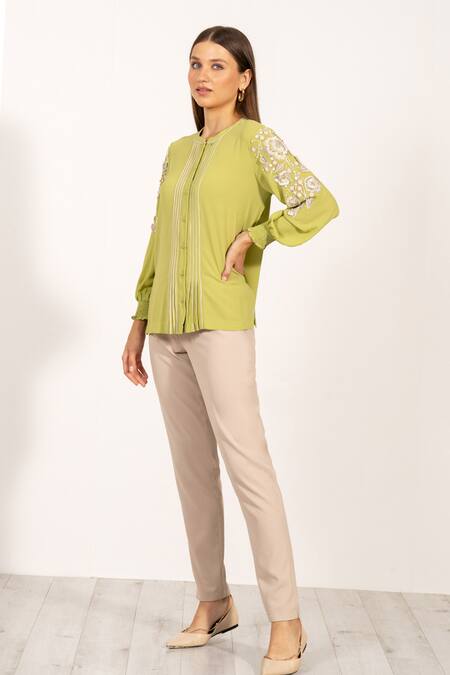 RANNA GILL_Green Georgette Embroidery Round Neck Avelina Top_Online_at_Aza_Fashions