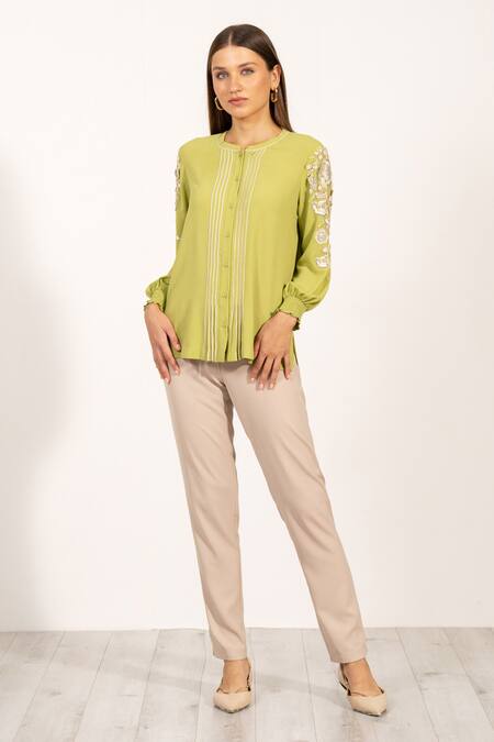 Buy_RANNA GILL_Green Georgette Embroidery Round Neck Avelina Top_Online_at_Aza_Fashions