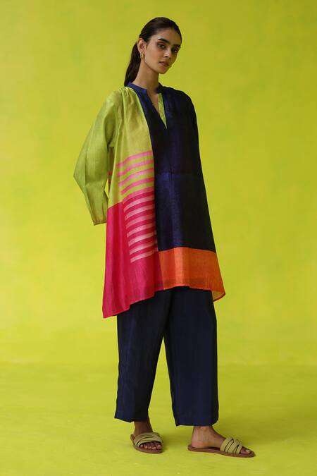 Shop Roza Multi Color Chanderi Split V-neck Block Party Tunic Online at Aza Fashions Shop_Roza_Multi Color Chanderi Split V-neck Block Party Tunic _Online_at_Aza_Fashions