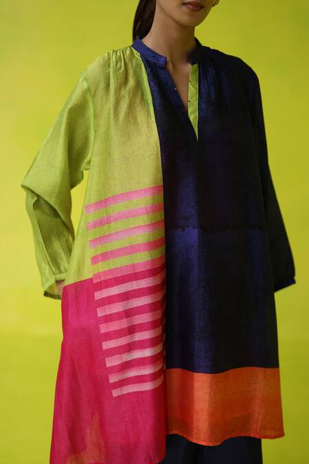 Roza_Multi Color Chanderi Split V-neck Block Party Tunic _at_Aza_Fashions