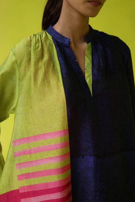 Buy_Roza_Multi Color Chanderi Split V-neck Block Party Tunic 
