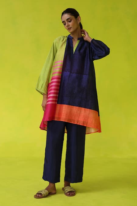 ROZA Multi Color Chanderi, Cotton Split V-neck Block Party Tunic And Pant Set 