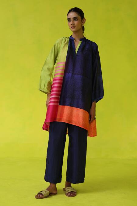 Buy Roza Multi Color Chanderi, Cotton Split V-neck Block Party Tunic And Pant Set Online at Aza Fashions Buy_Roza_Multi Color Chanderi, Cotton Split V-neck Block Party Tunic And Pant Set _Online_at_Aza_Fashions