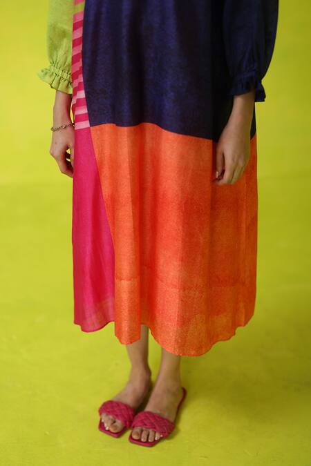 Roza_Multi Color Chanderi, Cotton V-neck Block Party Dress _Online_at_Aza_Fashions