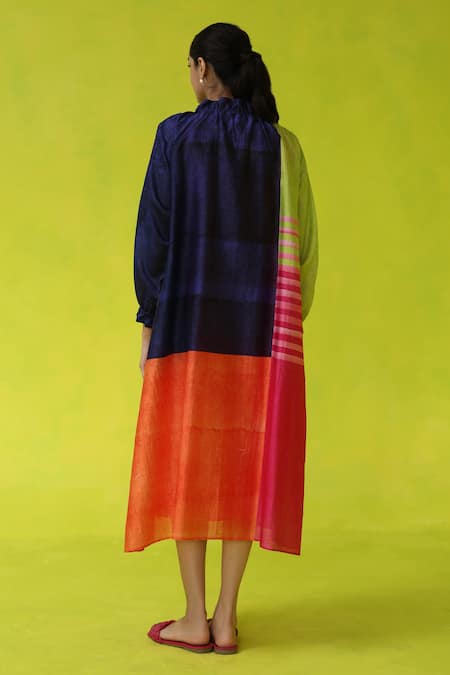 Shop Roza Multi Color Chanderi, Cotton V-neck Block Party Dress at Aza Fashions Shop_Roza_Multi Color Chanderi, Cotton V-neck Block Party Dress _at_Aza_Fashions