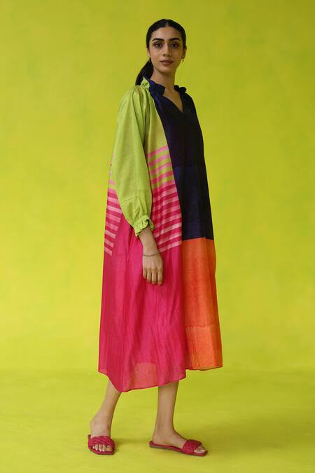 Buy Roza Multi Color Chanderi, Cotton V-neck Block Party Dress Online at Aza Fashions Buy_Roza_Multi Color Chanderi, Cotton V-neck Block Party Dress _Online_at_Aza_Fashions