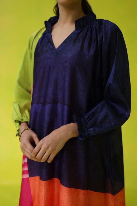 Shop_Roza_Multi Color Chanderi, Cotton V-neck Block Party Dress _Online_at_Aza_Fashions