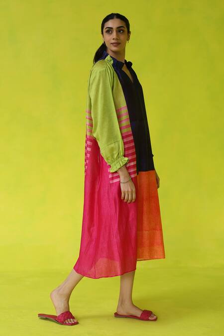 Roza Multi Color Chanderi, Cotton V-neck Block Party Dress at Aza Fashions Roza_Multi Color Chanderi, Cotton V-neck Block Party Dress _at_Aza_Fashions