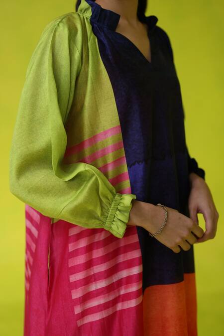 Buy_Roza_Multi Color Chanderi, Cotton V-neck Block Party Dress 