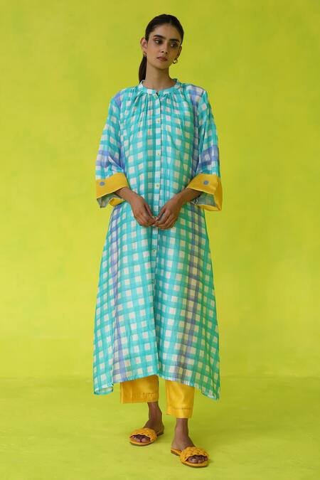 Roza_Aqua Chanderi Round Neck Checkered Kurta Set _Online_at_Aza_Fashions