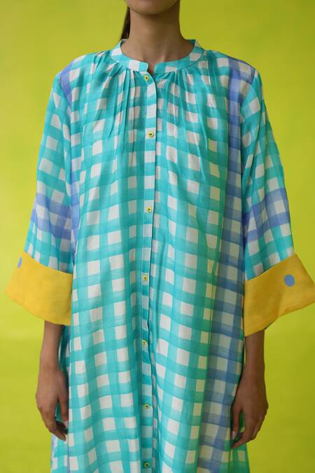 Buy_Roza_Aqua Chanderi Round Neck Checkered Kurta Set _Online_at_Aza_Fashions