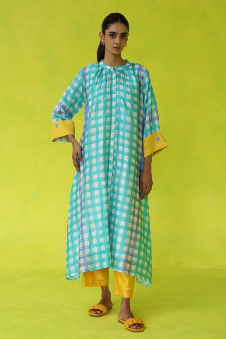 Shop_Roza_Aqua Chanderi Round Neck Checkered Kurta Set _Online_at_Aza_Fashions