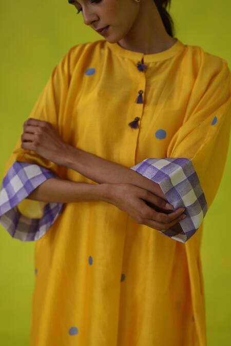 Roza_Yellow Chanderi, Cotton Embroidery Collared Juniper Asymmetrical Tunic _Online_at_Aza_Fashions