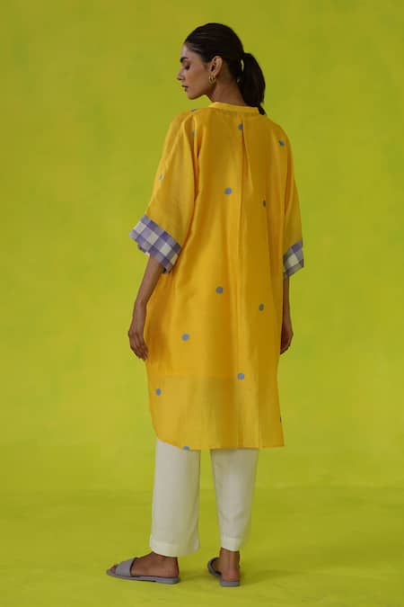 Shop Roza Yellow Chanderi, Cotton Embroidery Collared Juniper Asymmetrical Tunic at Aza Fashions Shop_Roza_Yellow Chanderi, Cotton Embroidery Collared Juniper Asymmetrical Tunic _at_Aza_Fashions
