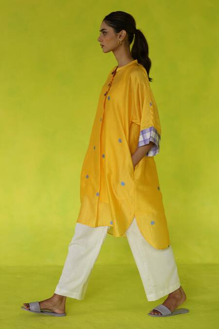 Buy Roza Yellow Chanderi, Cotton Embroidery Collared Juniper Asymmetrical Tunic Online at Aza Fashions Buy_Roza_Yellow Chanderi, Cotton Embroidery Collared Juniper Asymmetrical Tunic _Online_at_Aza_Fashions